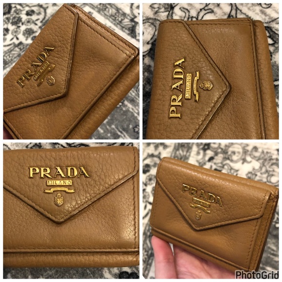 Prada AUTHENTIC Tan Leather Orange Interior Trifold Gold Logo Compact Wallet - Picture 3 of 16
